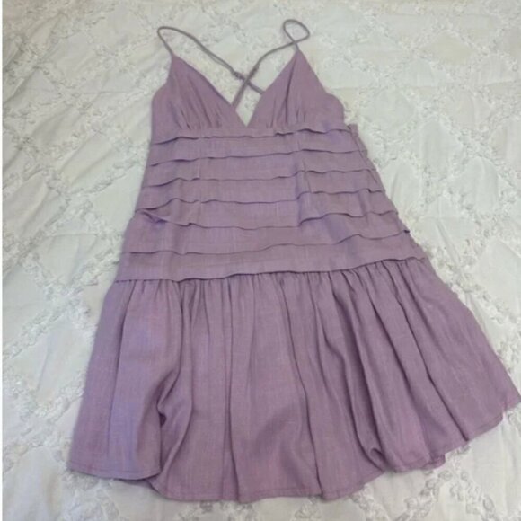 PINTUCK PLEAT WIDE RUFFLE HEM MINI LINEN  DRESS LILAC SIZE MEDIUM - Picture 3 of 11